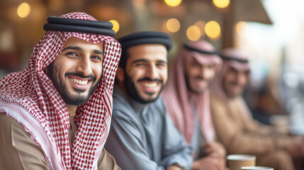 Obraz premium Vibrant group of middle eastern men enjoying coffee in traditional attire