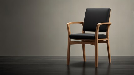 a chair with a black cushion that says  the word  on the back.