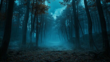 Obraz premium The dark and eerie forest with Tarkovsky style showcases a cinematic atmosphere and realistic details. The grainy texture of the film and the distant sea of clouds add a mysterious beauty to the scene