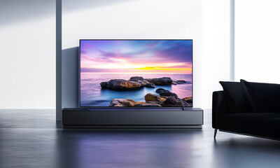 32 incredibly large and thin flat screens, with high resolution and low reflection on the glass surface, in front of which is an ocean landscape with rocks at sunset
