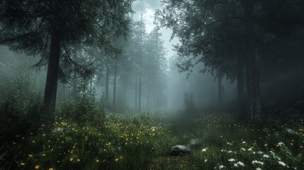 Obraz premium The dark and eerie forest with Tarkovsky style showcases a cinematic atmosphere and realistic details. The grainy texture of the film and the distant sea of clouds add a mysterious beauty to the scene