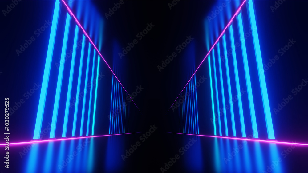 Wall mural 3d Render, Futuristic neon light that reflect on floor through dark background, abstract technology  glowing light.