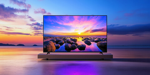 32K LED TV, sitting on an elegant stand in the center of a modern living room, against a wall with a gradient color scheme that transitions from dark blue to light pink and red, reflecting the sky