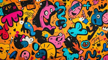 Abstract Colorful Doodle Art on Orange Background