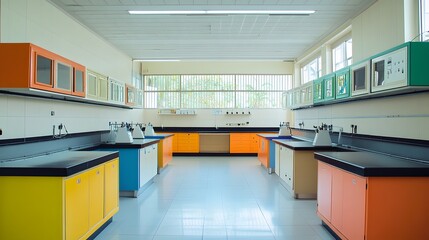 12. A spacious lab with colorful fume hoods against a white backdrop