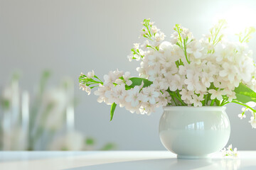Fototapeta premium Delicate white blooms flourish in a minimalist vase, bathed in gentle sunlight. This serene arrangement evokes a fresh and inviting atmosphere, perfect for adding charm to any space