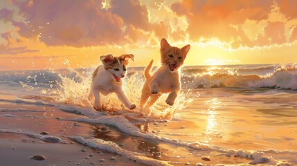 A joyful puppy and kitten chase each other along the water&acirc;&euro;&trade;s edge, their paws kicking up sand, against a serene summer sunset over the ocean