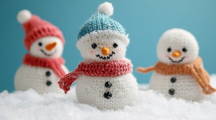 Charming handmade snowman on a blanket of white snow against a soft blue background, perfect for holiday greetings, christmas decor, and winter-themed designs, evoking a whimsical and cozy atmosphere