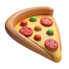Playful cartoon pizza slice with colorful toppings on a white background 