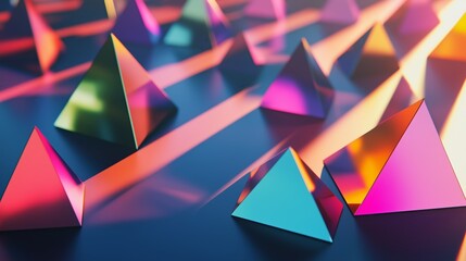 Colorful geometric pyramids illuminated by vibrant light reflections on a dark surface during a creative art display