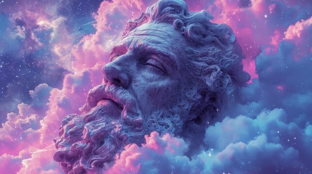 Statue of Zeus in the Clouds: Majestic 3D Art Under a Starlit Sky in Pink and Purple Tones