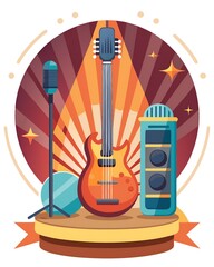 Obraz premium A guitar and microphone are on a stage with a microphone stand