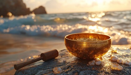 A serene close-up of a golden singing bowl atop a weathered wooden surface, perfect for Mental Health Day promotions, meditation, and mindfulness workshops.