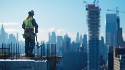 Construction Worker on High Rise Building with Cityscape in Background