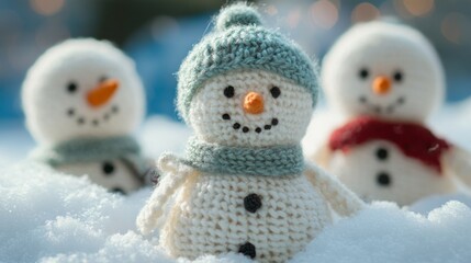 Charming handmade snowman on a blanket of white snow against a soft blue background, perfect for holiday greetings, christmas decor, and winter-themed designs, evoking a whimsical and cozy atmosphere