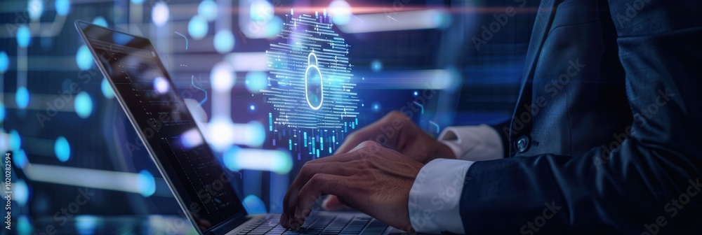 Leinwandbilder A professional is focused on their laptop as a digital lock symbol highlights the importance of cyber security and data protection. Generative AI