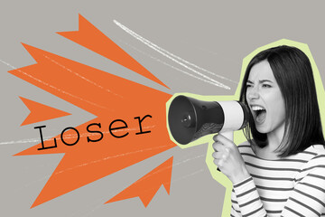 Creative poster collage of female scream hater megaphone loser bullying unusual fantasy billboard...