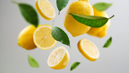 Juicy ripe lemons flying yellow with green leaves on light gray background.Tropical organic fruit, citrus, vitamin C.Lemon slices. Summer minimalistic.Generative AI