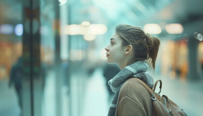 Young Woman Exuding Casual Style in Modern Shopping Mall ? Profile View Photograph for Lifestyle and Fashion Use