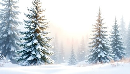 Obraz premium Delicate Watercolor Background Featuring Winter Landscapes, Pine Trees, and Snowflakes
