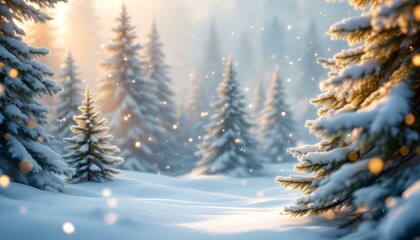 Fototapeta premium Delicate Watercolor Background Featuring Winter Landscapes, Pine Trees, and Snowflakes