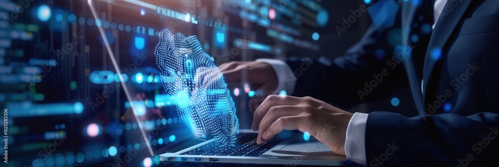 Leinwandbilder A professional engages in cyber security tasks, utilizing a laptop to protect data while interacting with digital networks in a dimly lit environment. Generative AI