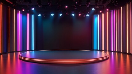 Night talk show, virtual studio background. Ideal also for online broadcasting, or live, streaming events. 3D rendering backdrop suitable on VR tracking system stage sets