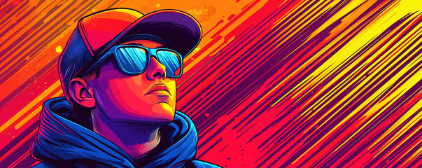 Young man wearing sunglasses and baseball cap posing in front of colorful background