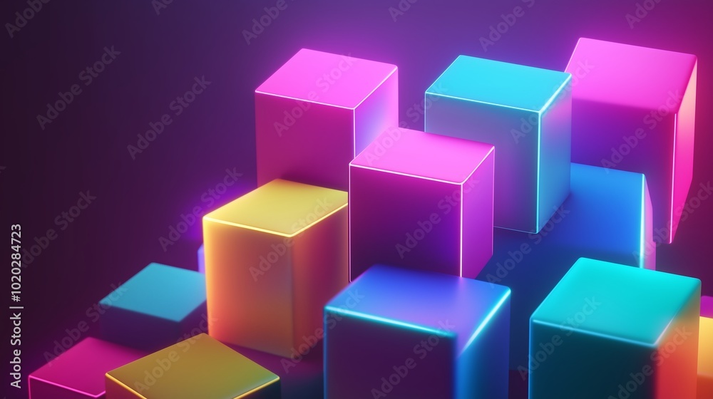 Sticker Colorful glowing cubes illuminated in a modern abstract arrangement on a dark background