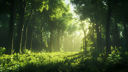 Fototapeta premium A vibrant green forest with sunbeams shining through the leaves and creating a bright spot on the forest floor.