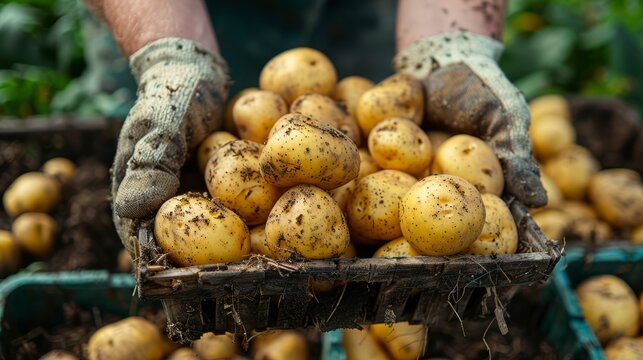 Hands cradling a basket filled with freshly harvested potatoes, showcasing the bounty of a late summer garden, celebrating the spirit of organic farming