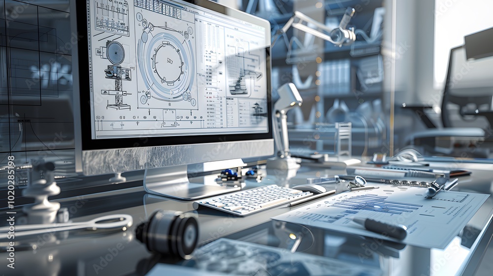 Poster a technical workspace with schematics and blueprints that highlight the functional requirements of a