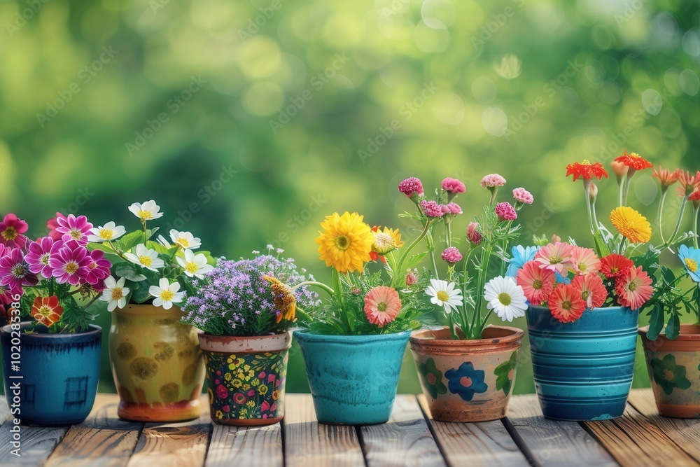 Poster brightly colored flowers in various decorative pots are lined up on a wooden surface, creating a liv