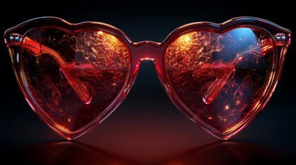 Bright heart-shaped sunglasses capture a kaleidoscope of colors, blending artistic design with enchanting reflections in a vibrant, playful environment