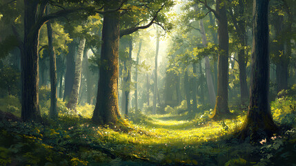 Fototapeta premium A digital painting depicting a lush forest scene with sunlight filtering through the dense canopy, illuminating the green foliage and grassy ground.