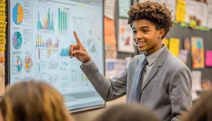 Young businessman is pointing at a graph on an interactive whiteboard while giving a presentation to colleagues