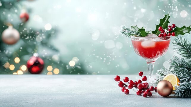 Festive holiday cocktail with cranberries and mint on a snowy background.