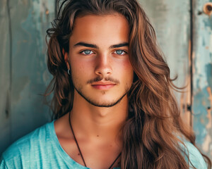 Long-Haired Man in Blue Shirt Standing Against Weathered Wooden Background - Lifestyle Portrait Photograph
