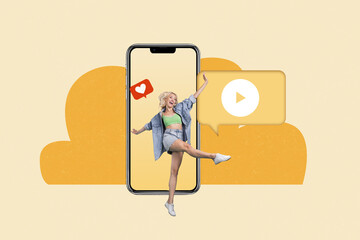 Creative collage photo young cheerful woman smartphone screen digital device blogger youtube media player smm targetologist