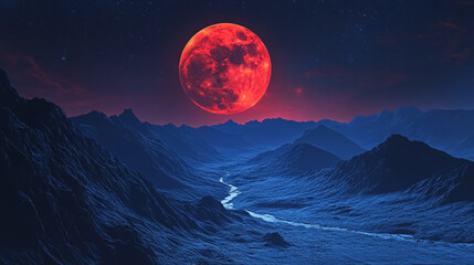 Blood Red Moon Over Rocky Valley: A blood-red moon situated above a rocky valley.