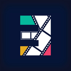 Movie photo collage logo design in modern number 3 sign form. Simple geometric corporate identity design.