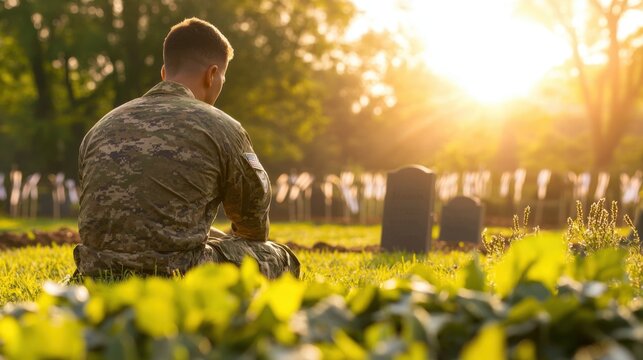 Soldier kneeling at a gravesite, honoring fallen comrades on Veterans Day