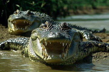 Obraz premium Two crocodiles basking near the water, showcasing their sharp teeth and rugged texture.