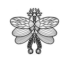 Whimsical black and white line art or doodles of butterfly with intricate zentangles and zendoodles patterns