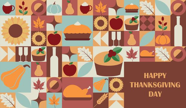 Thanksgiving vector horizontal banner with geometric elements including pumpkin, pie, turkey, sunflower, rosehip, maple leaf, oak leaf