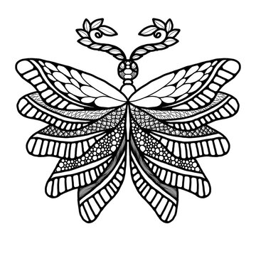Whimsical black and white line art or doodles of butterfly with intricate zentangles and zendoodles patterns