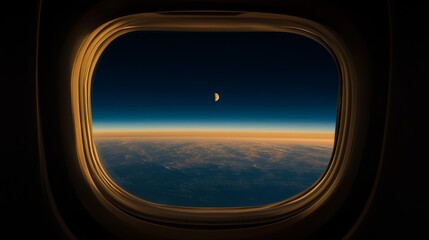 Fototapeta premium Airplane Window View of Earth and Moon During Sunset