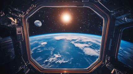 Naklejka premium Earth and Moon Seen from a Spaceship Window
