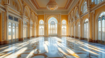 Fototapeta premium An empty hall with a chandelier and large windows, sunbeams on the floor.