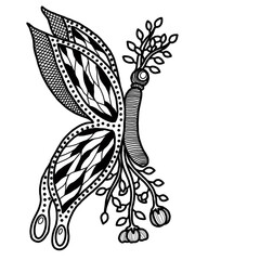 Whimsical black and white line art or doodles of butterfly with intricate zentangles and zendoodles patterns